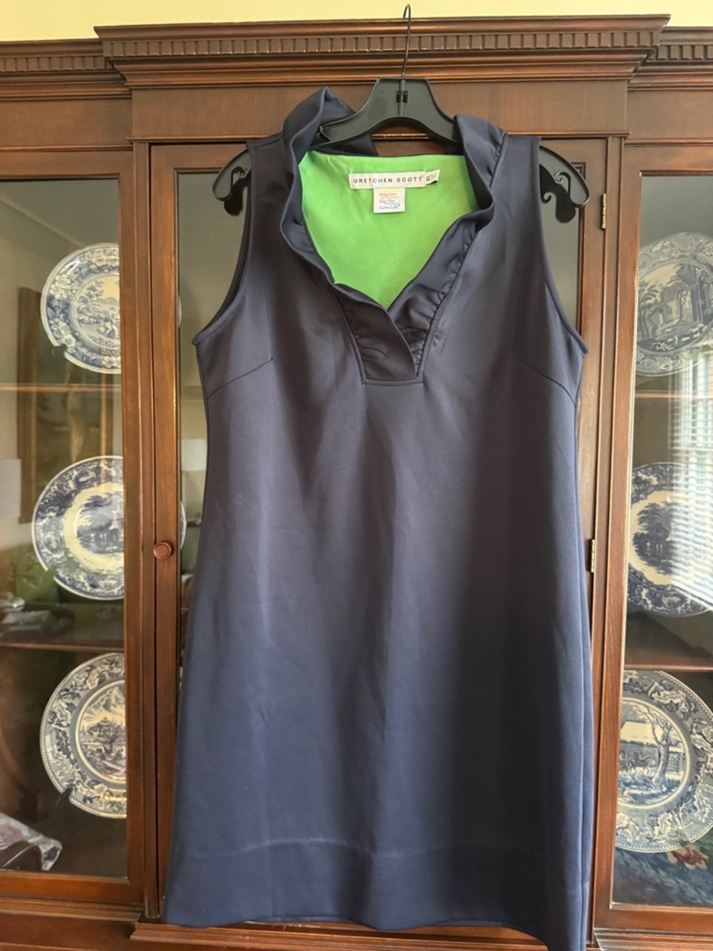 Gretchen Scott Navy Dress with Bright Green Lining and Ruffle Collar NWOT